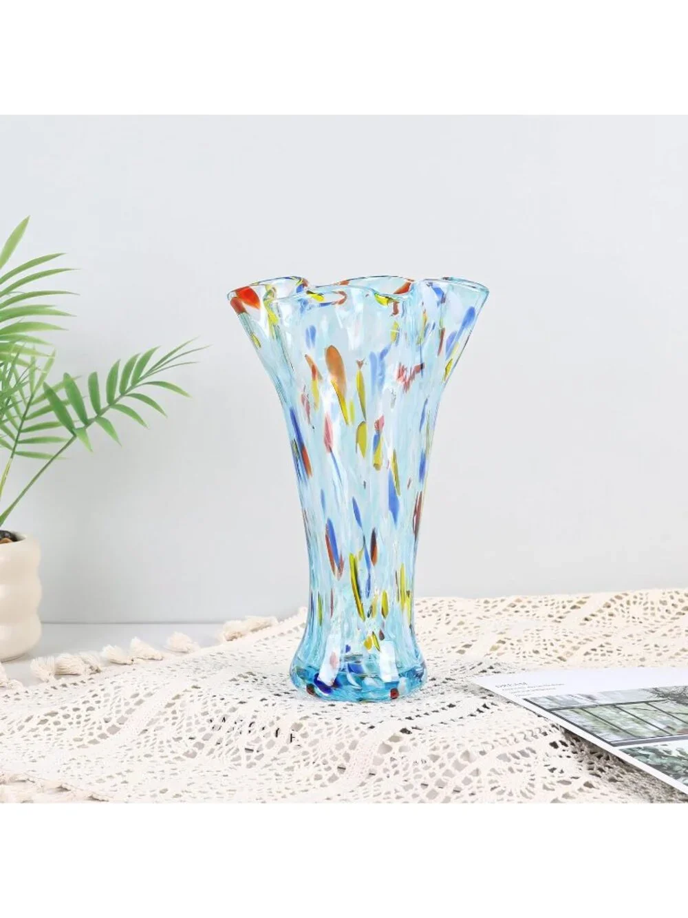 9.0 Aqua Blue Glass Vases Flower Bouquet Unique Hand Blown Wide Mouth Shelf Deco